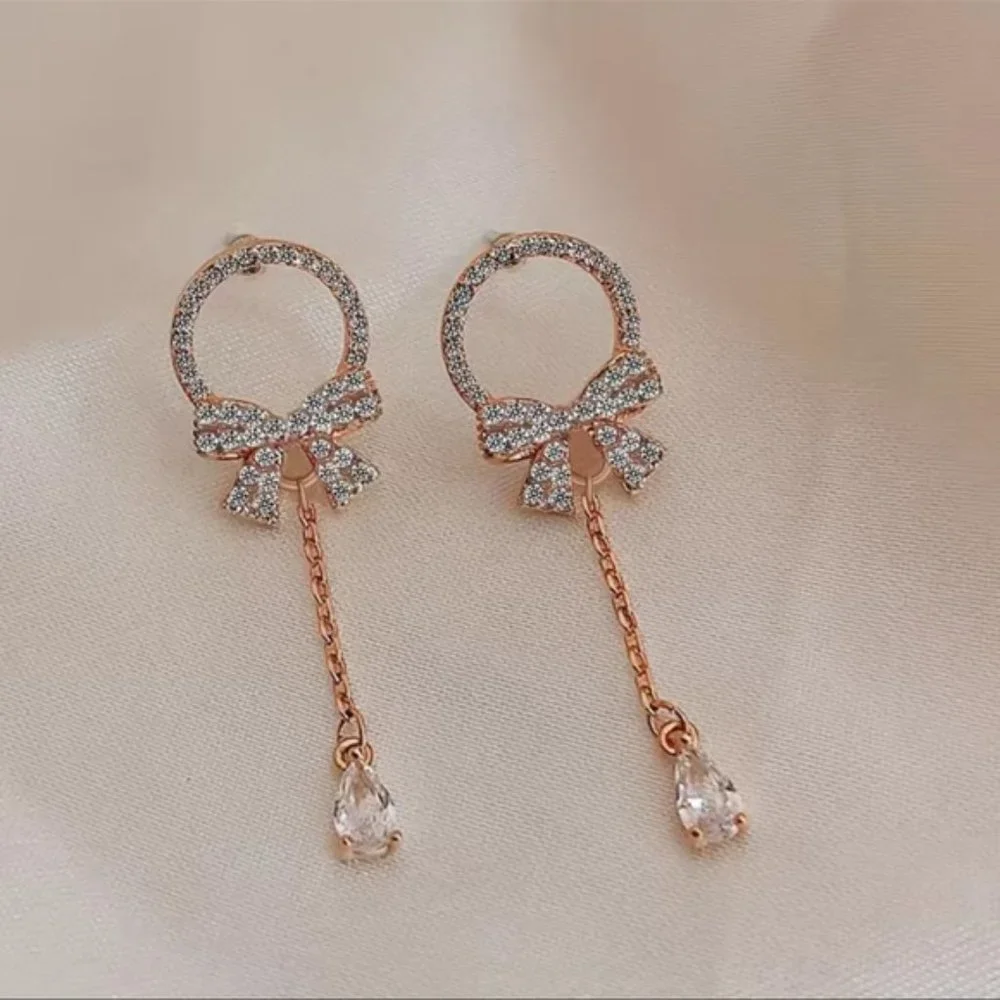 Elegant Bow Water Drop Pendant Stud Earrings